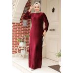 Neva Style Pileli Bordo Kadife Tesettür Elbise 22751BR