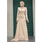 Neva Style Tesettürlü Abiye Elbise - Kuyruklu Gold Saten Tesettür Abiye 22891gold