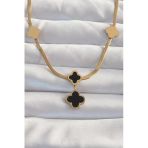 Nevamel® 316L Çelik Gold Renk İtalyan Zincirli Mineli Yonca Kolye 5886