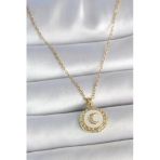 Nevamel® 316L Çelik Gold Renk Zincir Beyaz Mineli Hilal İşlemeli Madalyon Model Kadın Kolye 5886