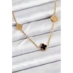 Nevamel® 316L Çelik Zincir Gold Renk Siyah Ve Zirkon Taşlı Baby Boy Yonca Kadın Kolye 5886