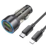 Nevamel Hoco Nz12a Action Pd43w Usb + Type-C Araç Çakmaklık Hızlı Şarj Aleti + Type-C To İphone Lightning Ka-(5775)