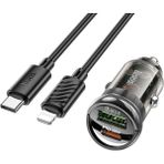 Nevamel Hoco Z53A Vision PD30W Type-C + USB Qc3.0 Girişli Araç Çakmaklık Hızlı Şarj Aleti + Type-C To IPHONE-(5775) - Çok Renkli