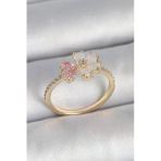 Nevamel® Pirinç Gold Renk Beyaz Mineli Pembe Zirkon Taşlı Çiçek Model Kadın Yüzük 5886