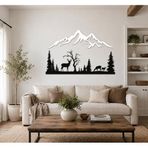 Nevatextile Orman Dağ Manzarası Manzarası, Geyikler ve Ağaçlar, Çam Ağaçları ve Tepesi, İç ve Dış Mekan İçin Metal Duvar Dekoru (Siyah ve Beyaz, 35"x60" / 90x152 cm)