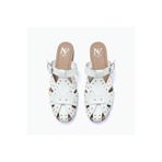 NE&VE SHOES Beyaz Mat Deri Pim Detaylı ve Tokalı Kadın Kare Burun Sabo Terlik