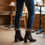 Ne&Ve Shoes Kahve Süet Hakiki Deri Kroko Garnili Kadın Kalın Topuklu Şık ve Rahat Bot