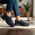 NE&VE SHOES Lacivert Süet Hakiki Deri Bağcıklı Lacivert Tabanlı Kadın Günlük Casual Ayakkabı