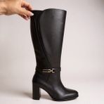 NE&VE SHOES Siyah Deri Kadın Kalın Topuklu Çizme Lastik Detaylı Tokalı Suni Deri
