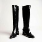 NE&VE SHOES Siyah Kırışık Rugan Sivri Burun Diz Altı Kadın Çizme