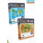 Neverland 2 Adet Puzzle - 100 Parça Hayvan Dünya Haritası Ve 50 Parça Sonbahar Ormanı