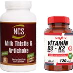 Nevfix Milk Thistle Artichoke Zerdeçal Karahindiba Zencefil Maydanoz Deve Dikeni Enginar 90 Tablet & Nevfix Vitamin D3-K2 120 Tablet