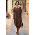 Nevin Kaya Moda Kahverengi Çift Katlı %100 Pamuk Keten İtalyan Elbise