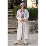 Nevin Kaya Moda Krem Renk Siyah Bordürlü Keten Kimono Pantolon Takım