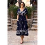 Nevin Kaya Moda V146-Lacivert Etnik Desenli Büzgülü Elbise