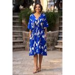 Nevin Kaya Moda V161-Mavi Harmoni Desenli Tahta Düğmeli Elbise
