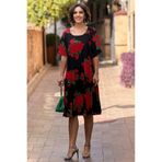 Nevin Kaya Moda V3-Siyah Kırmızı Güllü Kare Yaka Elbise