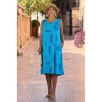 Nevin Kaya Moda V9- Turkuaz Ege Desenli Sıfır Kol Elbise