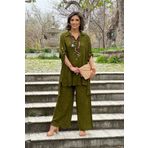 Nevin Kaya Moda Yağ Yeşili Palazzo Pantolon Tunik Takım - Yazlık %100 Pamuk Viskon