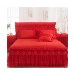 Nevresim Takımları Dantelli fırfırlı yatak takımı şık prenses yatak takımı, 2 parça yastık kılıfı ile 1 parça dantel yatak örtüsü Yatak takımı(Red,King 200x220cm 3pcs)