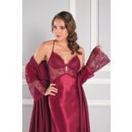 nevway (1081) Saten Gecelik Sabahlık Pijama Takım Şort Takım 6'lı Gelin Çeyiz Seti - 6620 Bordo M