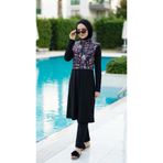 new ats Tam Kapalı Tesettür Hijab Mayo Etnik Desenli 3 lü Takım Rimal