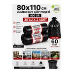 New City 80x110 cm 120 Litre Jumbo Boy Çöp Torbası 60 Adet Siyah Dayanıklı Endüstriyel Çöp Poşeti 30'lu 2 Rulo