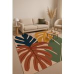 new colourse Makinada Yıkanılabilir Yaprak Desenli Bohem Dijital Baskılı Altı Kaymaz Tabanlı Halı Kilim