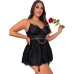 New Dreams Fantezi Göz Alıcı Dantelli Tüllü Zincirli Etekli Gecelik Kombin Set 8487 (Siyah, XL)