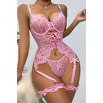 New Dreams Modern Şık Rahat Dantelli Jartiyer Gecelik Set, İç Çamaşırı Seti, Ayarlanabilir Askılı - Pembe
