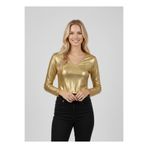 NEW JOURNAL Kadın Gold Metalik Deri Görünümlü V Yaka Crop Bluz NJ38
