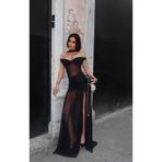 NEW JOURNAL Kadın Siyah Şal Detaylı Yırtmaçlı Maxi Tül Elbise YEL221831