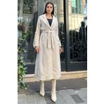 NEW LAVİVA Ekru Kruvaze Yaka, Çift Cepli, Beli Kemerli, Uzun Balıksırtı Kaşe Kaban (Astarsız)