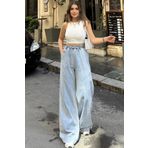 NEW LAVİVA Kadın Açık Mavi Beli Lastikli, Bagcıklı, Cepli, Bol Paça, Palazzo Kot Pantolon - Tesettüre Uygun