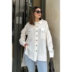 New Laviva Kadın Beyaz Balon Kol, Pileli, Yırtmaçlı, Oversize, Keten Tunik Gömlek - 38