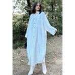 New Laviva Kadın Ekru Yarasa Kol, Arkası Pliseli, Çift Cepli, Uzun Oversize Salaş Gömlek Elbise - 40