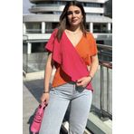 NEW LAVİVA Kadın Fuşya & Turuncu İki Renkli, Derin V Yaka, Kolsuz, Çapraz Bloklu, Salaş Bluz