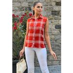 NEW LAVİVA Kadın Kırmızı Ekose Desen, Dokulu Bodrum Kumaş, Kolsuz Rahat Gömlek
