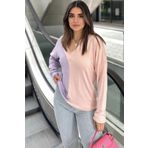 NEW LAVİVA Kadın Lila & Pudra Blok Renkli, V Yaka, Uzun Kollu, Pamuklu Salaş Bluz