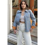 New Laviva Kadın Mavi Arkası Çiçek Nakış Işlemeli, Kontrast Renk Katlamalı, Uzun Kol, Denim Kot Ceket - 36