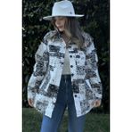 New Laviva Kadın Siyah Desenli Gabardin Kumaş, Eteği Oval Kesim, Cepli, Oversize Gömlek - 36