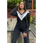 New Laviva Kadın Siyah Uzun Kollu V Yaka Color Block Pamuklu Bluz Sweatshirt - 36