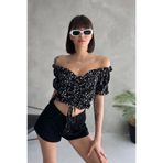 New Now Çiçek Desenli Madonna Yaka Önden Büzgülü Bürümcük Kumaş Yazlık Crop Bluz
