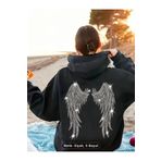 NEW TRENDY COLLECTİON melek kanat sırt baskılı kanguru siyah kapüşonlu sweatshirt