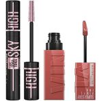 New York Lash Sensational Sky High Cosmic Black Maskara + Super Stay Vinyl Ink Uzun Süre Kalıcı Likit Parlak Ruj 15 Peachy Makyaj Seti