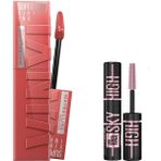 New York Super Stay Vinyl Ink Uzun Süre Kalıcı Likit Parlak Ruj 15 Peachy & Mini Lash Sensational Sky High Cosmic Black Maskara Makyaj Seti