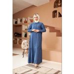 Neways 6425-Denim Büzgülü Katlı elbise Mavi