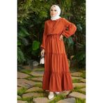Neways 6567-BÜZGÜLÜ Bağcıklı Elbise Taba - 46