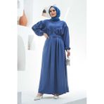 Neways 6586-KREP Büzgülü Elbise Indigo - 38 - İndigo