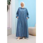Neways 6635-Brit Düğmeli Denim Ferace Koyu Mavi